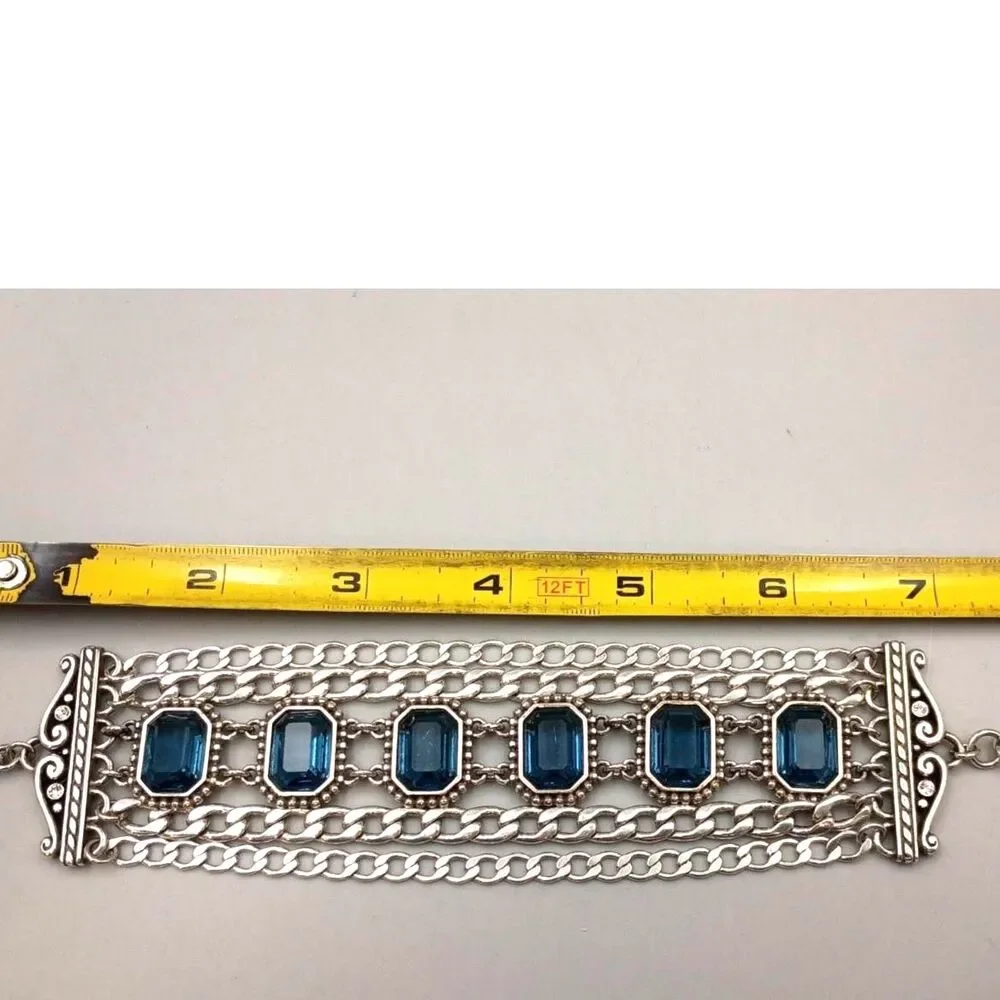 Brighton Le Ritz Crystal Bracelet Blue Bezel Multi-Chain Silver
